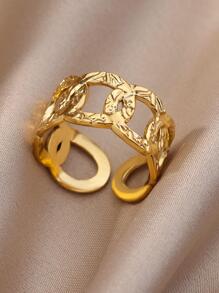 1pc Stainless Steel Exaggerated Chain Design Adjustable Opening Ring For Women - Yellow Gold - View 1