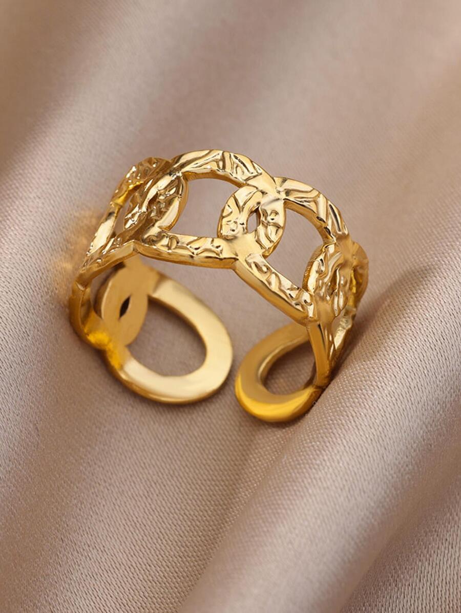 1pc Stainless Steel Exaggerated Chain Design Adjustable Opening Ring For Women - Yellow Gold - View 1