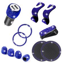 12Pcs/set Car rhinestone Set, Seat Hooks, start ring, Cup mat, car charger, valves - Blue - View 1