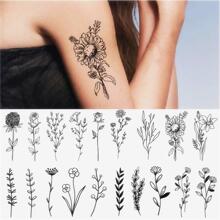 4 piezas/set Etiquetas engomadas del tatuaje flor serie negro arte de línea con margarita con girasol rosa impermeable - Blanco y Negro - Ver 1