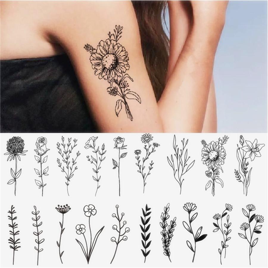 4 piezas/set Etiquetas engomadas del tatuaje flor serie negro arte de línea con margarita con girasol rosa impermeable - Blanco y Negro - Ver 1