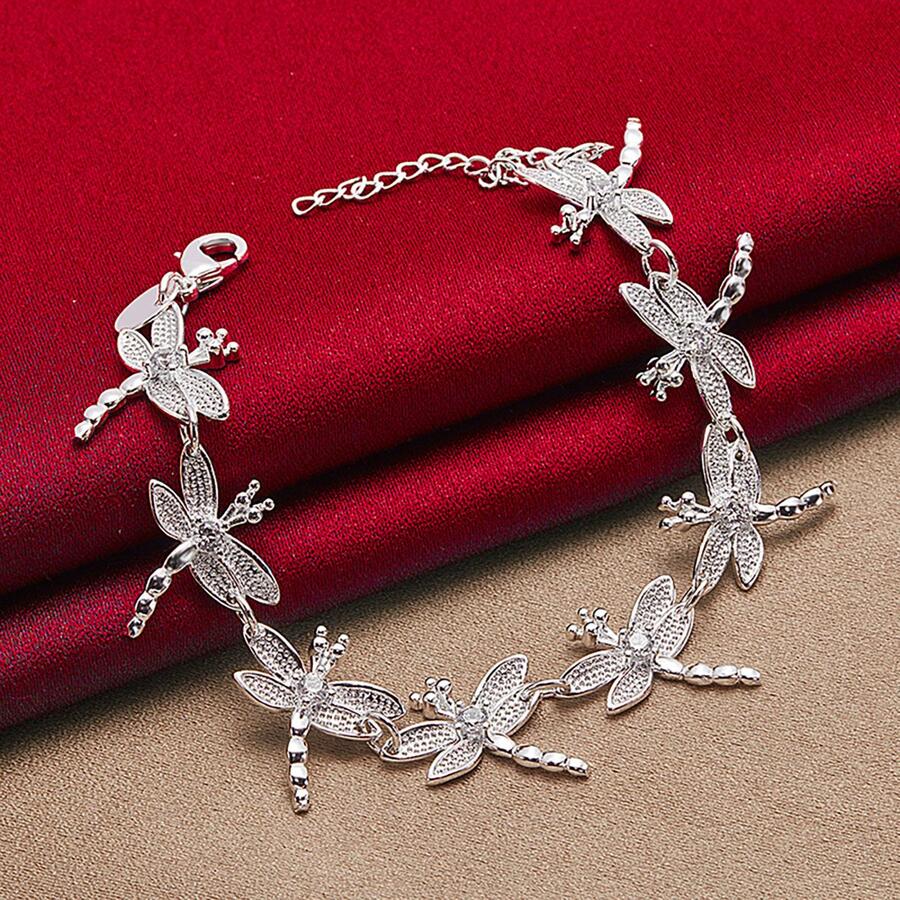 镀银镶嵌 AAA 锆石全 8 只蜻蜓链手链首饰 - 銀色 - 查看 1