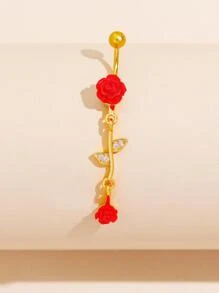Cá Tính Sáng Tạo Hoa Hồng Đỏ Hoa Trang Trí Bụng Cho Nữ, Nhẫn Nữ Xuyên Cơ Thể Trang Sức - Vàng - Xem 2