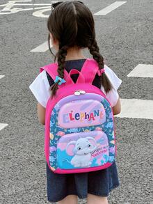Chicas 1 pieza Mochila con estampado de elefante de dibujos animados y letra - Rosa Fucsia - Ver 1
