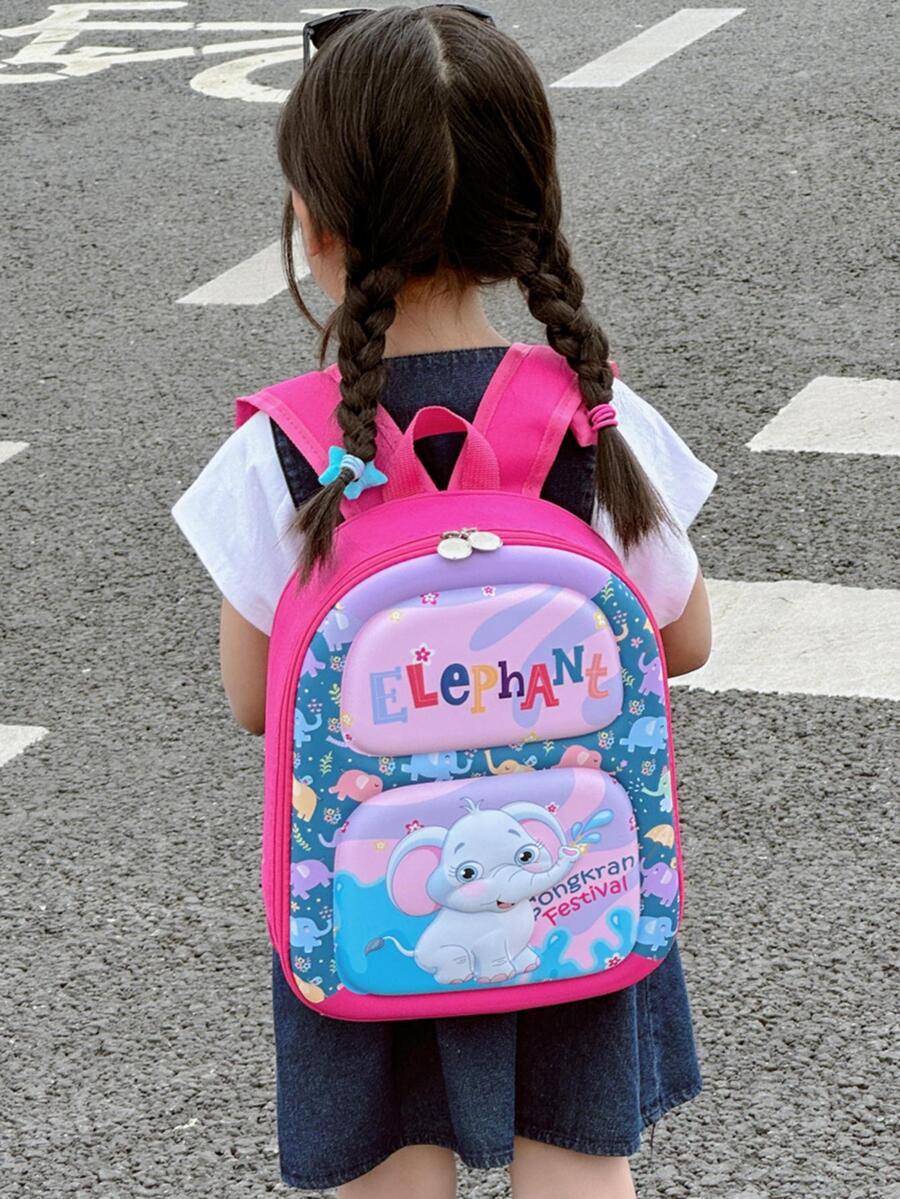 Chicas 1 pieza Mochila con estampado de elefante de dibujos animados y letra - Rosa Fucsia - Ver 1