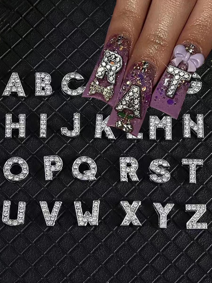 26Pcs 8Mm English Alphabet Alloy Rhinestone Nail Art Jewelry Decorative Accessories Diy Nail Charms Nail Gems Nail Supplies Nails - Silver - View 1