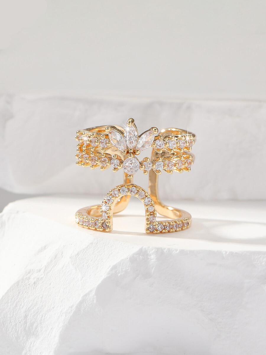 Rhinestone Star & Moon Decor Cuff Ring