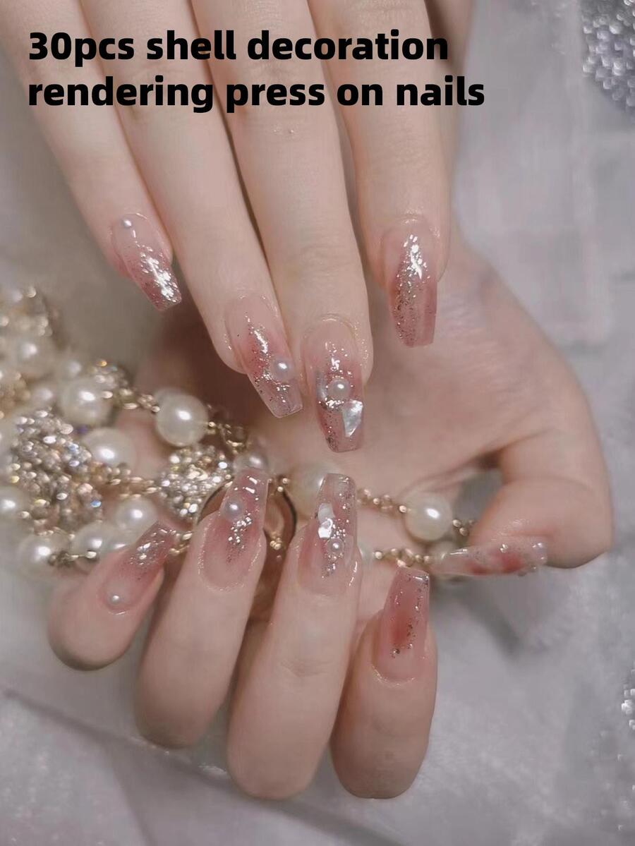 用 24 件裝水晶長方形按壓指甲、光澤裸色假指甲帶 3D 水鑽設計全覆蓋假指甲套件女式人造長丙烯酸指甲升級您的外觀 - 彩色 - 查看 1