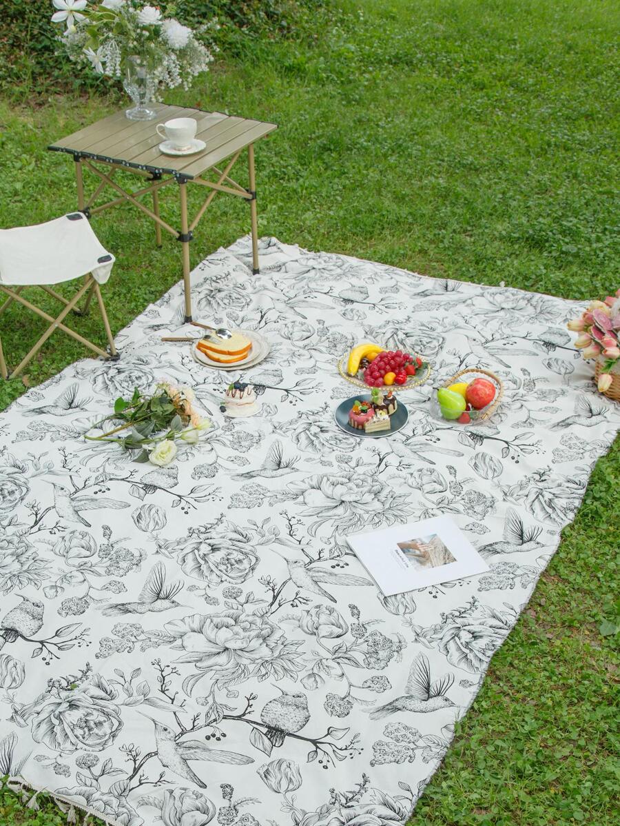 1pc Modern Style Polyester Fiber Picnic Mat With Tassel And Bird Sketch Pattern, Suitable For Camping, Outdoor Activities, Park, Photography, Four Seasons - Multicolor - View 1