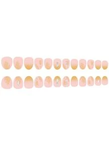 24入組半透明粉色短圓形閃粉貼片美甲套裝，按壓式假甲配件，時尚提升造型 - 彩色 - 查看 7