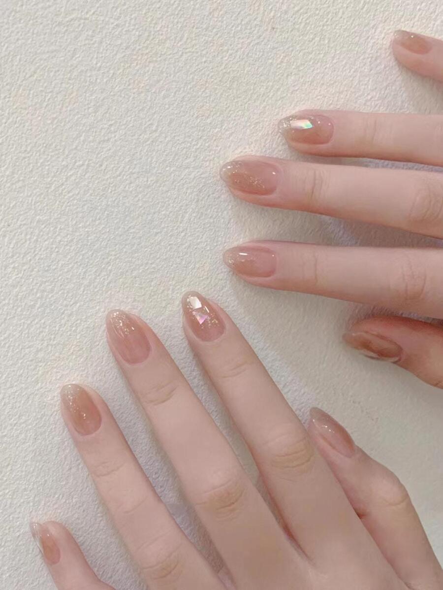 24入組半透明粉色短圓形閃粉貼片美甲套裝，按壓式假甲配件，時尚提升造型 - 彩色 - 查看 1