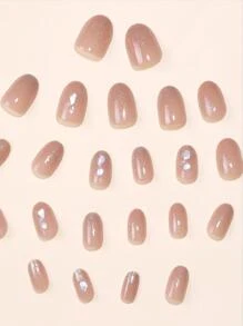 24入組半透明粉色短圓形閃粉貼片美甲套裝，按壓式假甲配件，時尚提升造型 - 彩色 - 查看 4