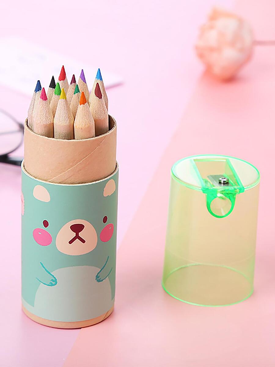 12 cái Bút chì màu hình gấu hoạt hình màu xanh lá cây trong hộp - màu xanh lá - Xem 1