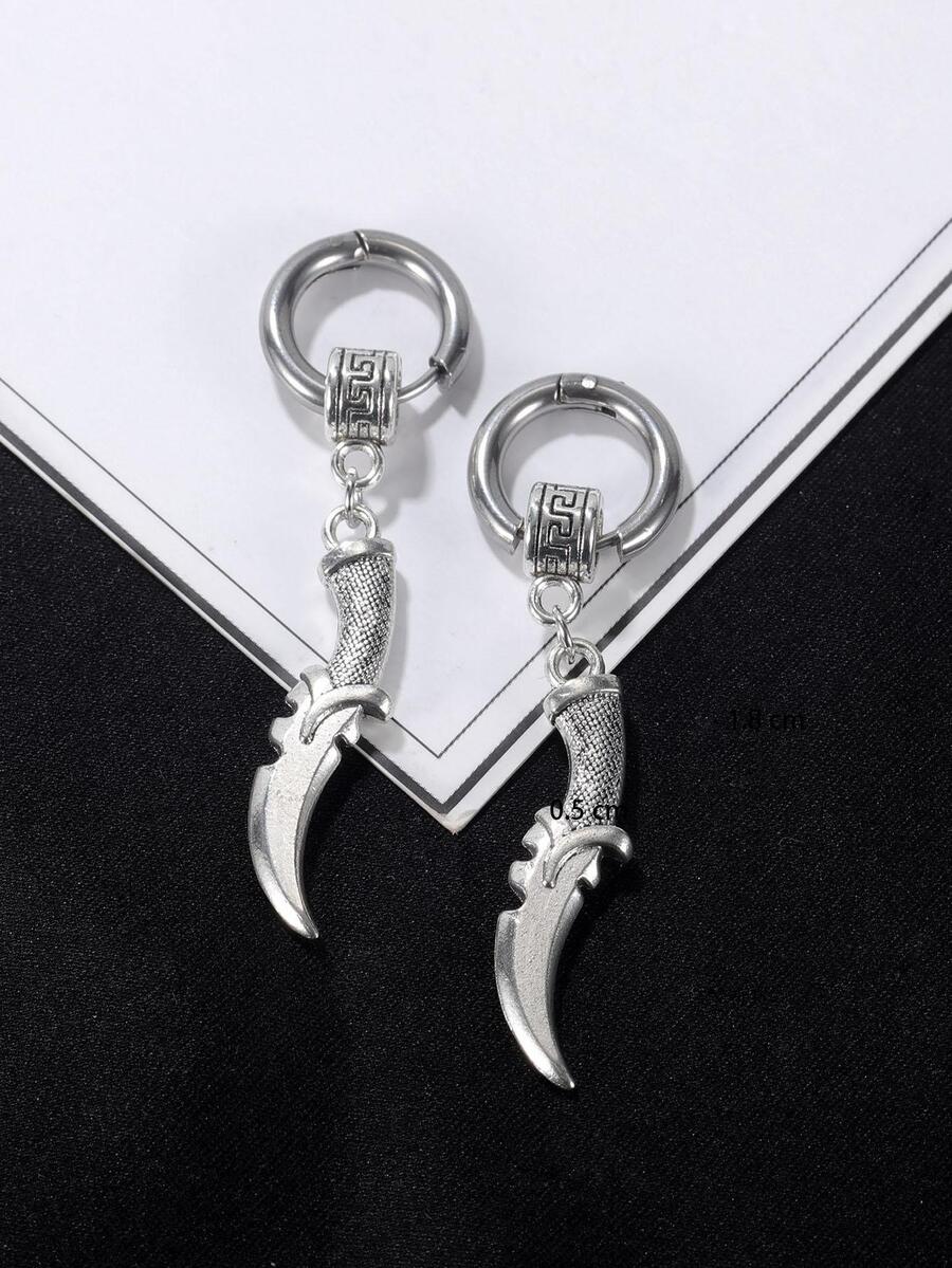 1雙復古灰色的鏤空圓形設計街嘻哈合金刀形懸垂耳環適合女士 - 灰色 - 查看 1