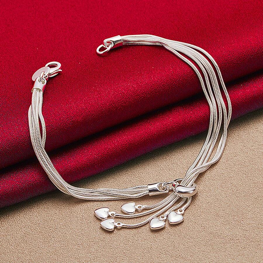 925 Sterling Silver Plated Five Solid Heart Snake Chain Bracelet Jewelry - Silver - View 1