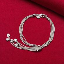 925 Sterling Silver Plated Five Solid Heart Snake Chain Bracelet Jewelry - Silver - View 3
