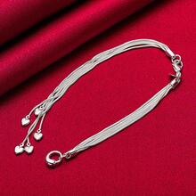 925 Sterling Silver Plated Five Solid Heart Snake Chain Bracelet Jewelry - Silver - View 2