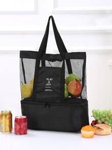 黑色網狀午餐袋，採用聚酯網狀材料製成，透氣防水，雙層設計，乾濕分離，適合海灘、戶外和旅行使用，可用作多用途方便冰袋