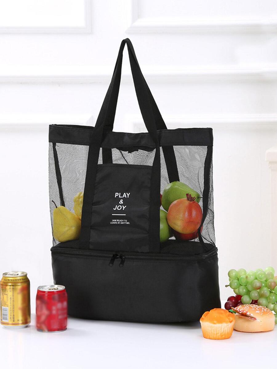 黑色網狀午餐袋，採用聚酯網狀材料製成，透氣防水，雙層設計，乾濕分離，適合海灘、戶外和旅行使用，可用作多用途方便冰袋