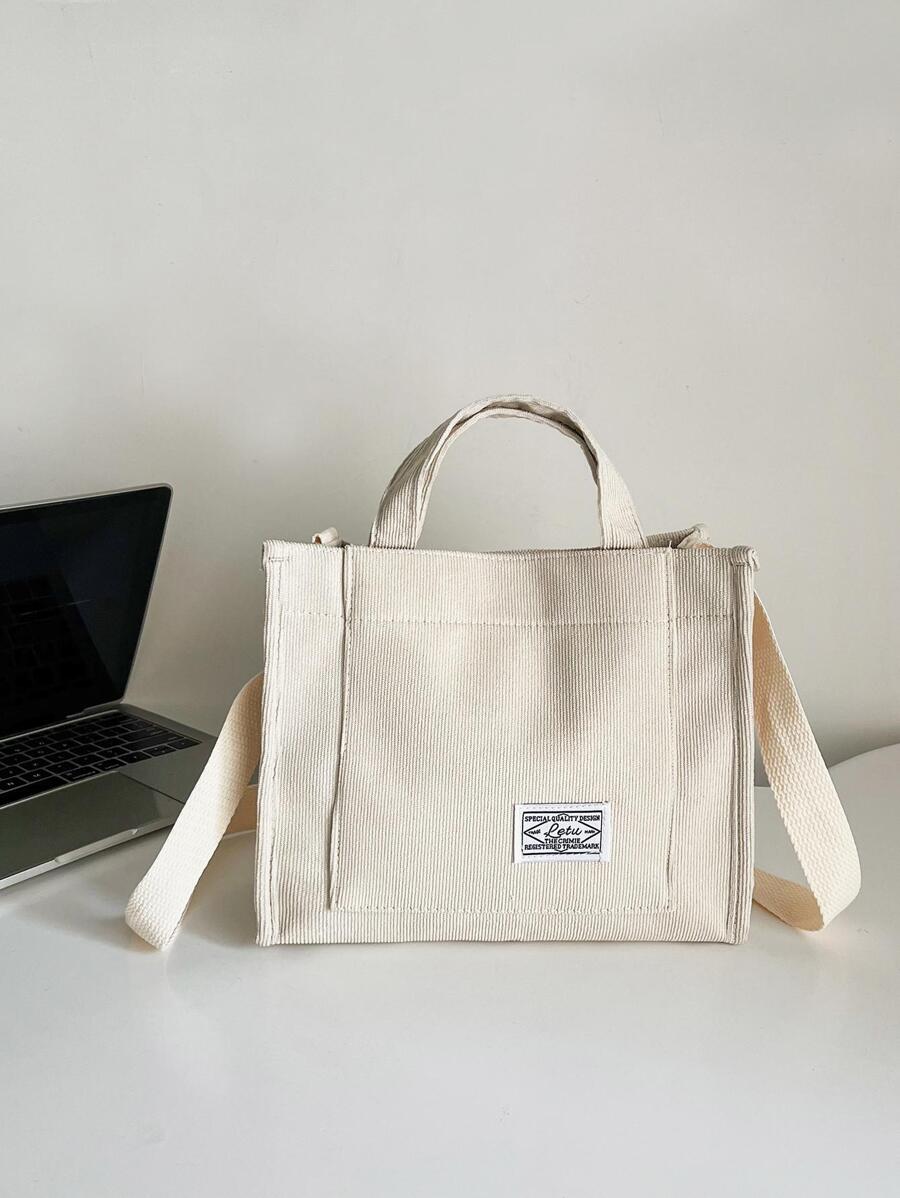 Túi xách vuông nhỏ bằng nhung kẻ đơn giản phong cách mới theo xu hướng thời trang Túi đeo vai cho nữ Túi tote nhung kẻ phong cách Kpop, Túi đeo vai trang trí miếng vá chữ, Túi đeo chéo vuông cho nữ - Màu be - Xem 1