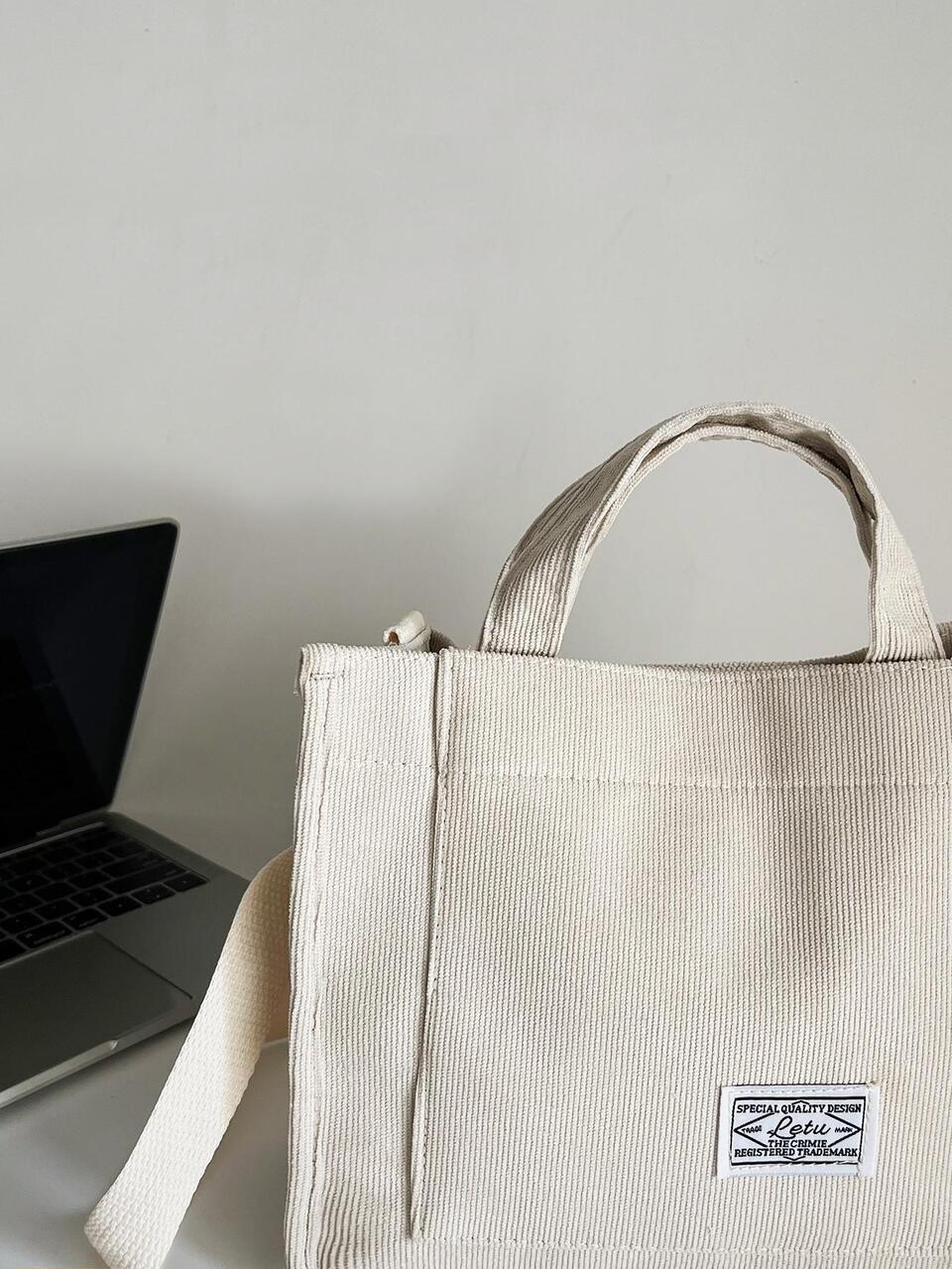 New Minimalist Corduroy Small Square Bag, Ins Style Fashion Shoulder Bag, Women's Corduroy Tote Bag, Letter Patch Decor Shoulder Bag, Women's Square Crossbody Bag