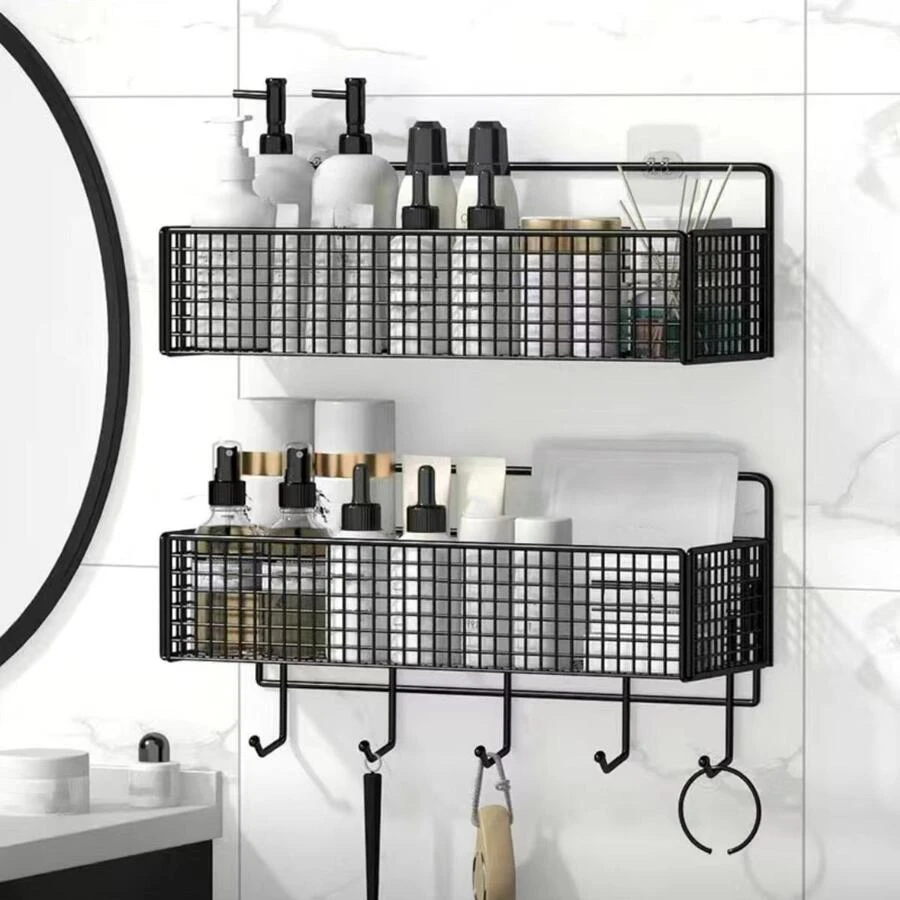 1pc Non-Trace Adhesive Storage Rack Without Drilling Bathroom Accessories - Black - View 1