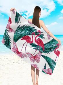 1 件 Ren 浴巾，带有绿叶和红色火烈鸟印花，超强吸水，适用于成人户外沙滩椅套，沙滩巾 - 粉色 - 查看 3