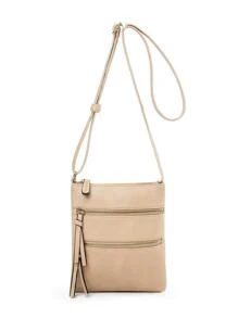 迷你素色方包前拉鍊休閒可調整肩帶 - 卡其色 - 查看 6