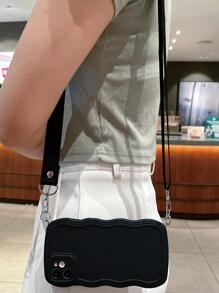 带手机挂饰的纯色手机壳，配斜挎挂绳 - 黑色 - 查看 2