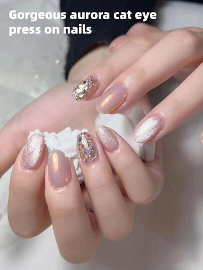 24Pcs Pink Short Oval Acrylic Press-On Nails, Handmade Luxury Aurora Cat Eye Full Coverage Press-On Nails With 1Pc Nail Buffer And 1Pc Jelly Gel Nail Supplies Nails