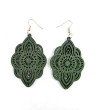 1雙復古木頭鏤空幾何耳墜適合女士日常裝飾 - 綠色 - 查看 6