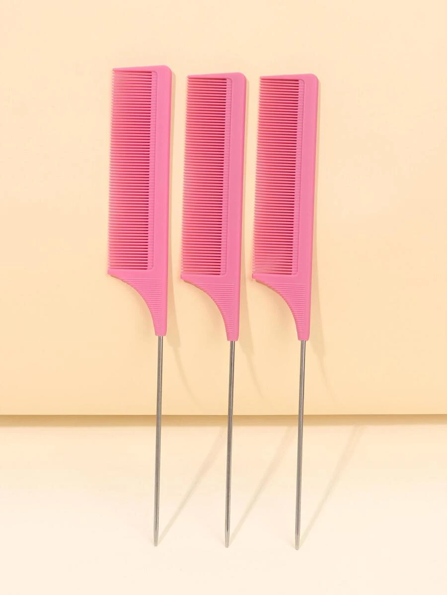 Rat Tail Comb,3Pcs/Set Heat Resistant Mouse Tail Comb With Stainless Steel Pin, Anti-Static Heat Resistant Styling Hair Comb, Braiding Comb, Perfect For Hair Styling - Pink - View 1