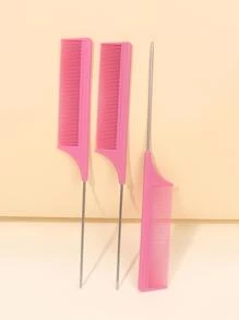 Rat Tail Comb,3Pcs/Set Heat Resistant Mouse Tail Comb With Stainless Steel Pin, Anti-Static Heat Resistant Styling Hair Comb, Braiding Comb, Perfect For Hair Styling - Pink - View 2