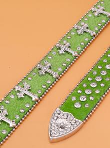 Men Rhinestone & Cross Decor Belt - Green - View 2