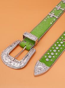 Men Rhinestone & Cross Decor Belt - Green - View 3