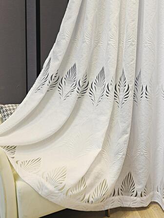 1pc White Simple Modern Leaf Design Sheer Curtain, Can Be Used In Living Room And Bedroom