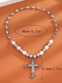 1pc Minimalist Vintage Faux Pearl Cross Pendant Necklace - Multicolor - View 3