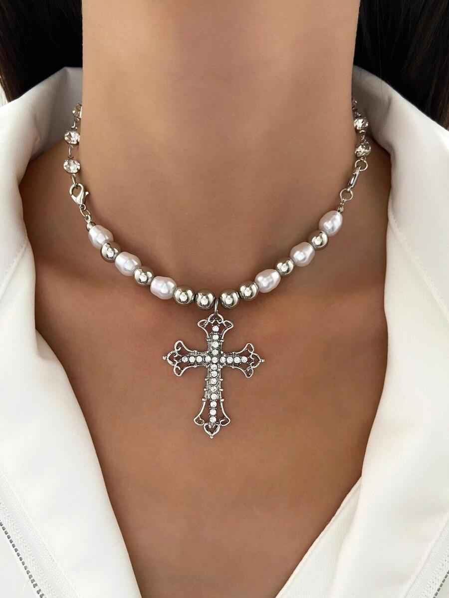 1pc Minimalist Vintage Faux Pearl Cross Pendant Necklace - Multicolor - View 1