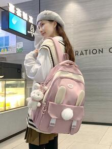 Chicas Mochila funcional pompón & con diseño de parche de letra cremallera - Rosa - Ver 3