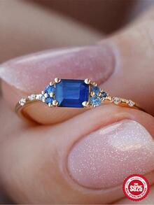 1入組藍色的藍寶石S925純銀圓環適合女士時尚精細的首飾類尺寸8