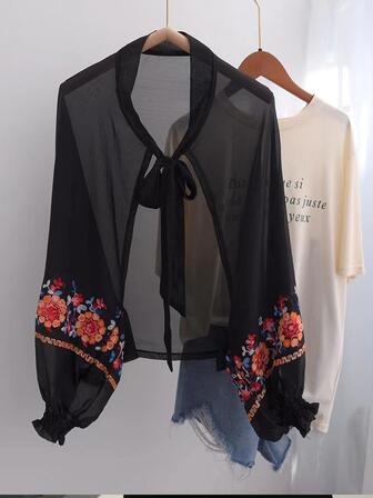 花卉刺繡繫帶領披肩