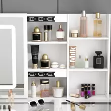 ECACAD Vanity Desk Set Makeup Table With Large Sliding Lighted Mirror & Glass Top, Modern Dressing Table With Drawers, Storage Shelves & Stool For Bedroom, White - trắng - Xem 7