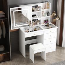 ECACAD Vanity Desk Set Makeup Table With Large Sliding Lighted Mirror & Glass Top, Modern Dressing Table With Drawers, Storage Shelves & Stool For Bedroom, White - trắng - Xem 3