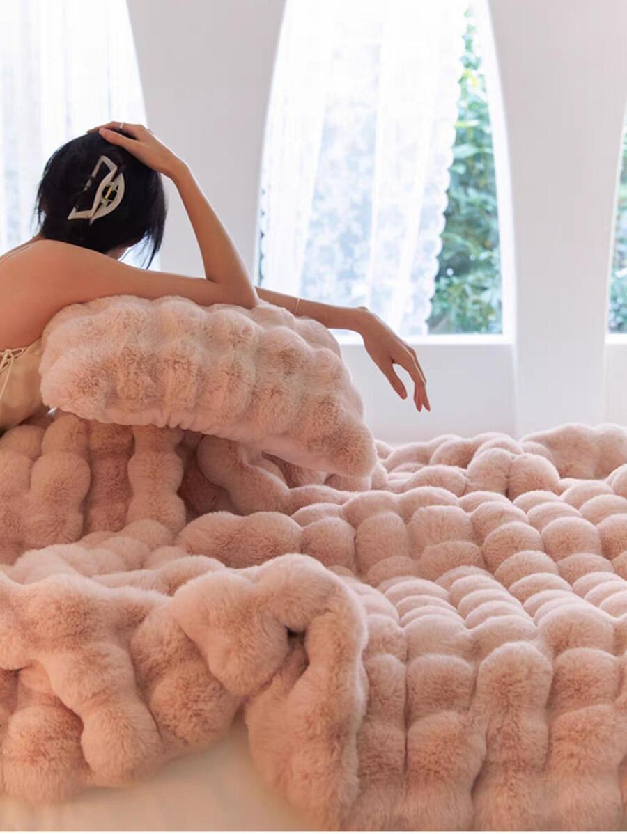 1pc Bubble Fleece DoubleLayer Blanket, Luxurious Faux Rabbit Fur Thick