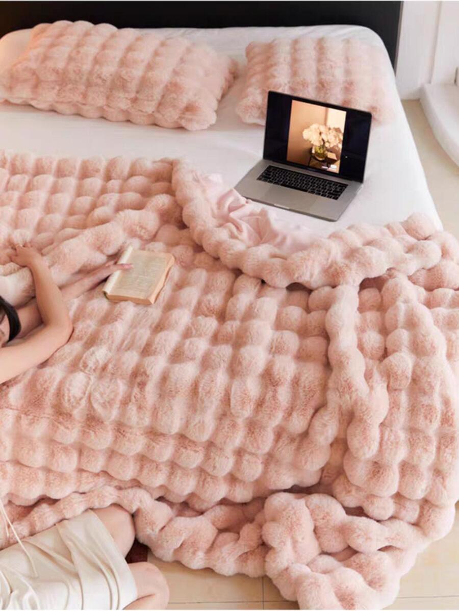 1pc Bubble Fleece DoubleLayer Blanket, Luxurious Faux Rabbit Fur Thick