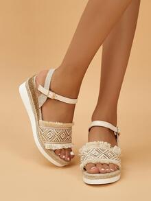 Comfortable Fringe Decorated Stylish Wedge Sandals - Gold - View 2