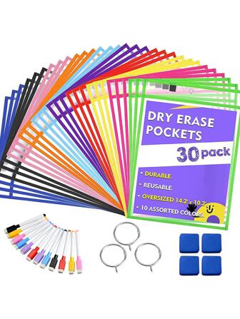Dry Erase Pocket Reusable Dry Erase Pockets Sheet Clear Durable Plastic Sleeves 10" x 13" 30 Pack Pockets