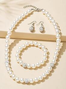 4入組女孩水鑽裝飾人造珍珠串珠時尚首飾套裝適合派對