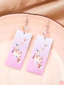 1 对新款时尚清新几何亚克力立体印花花朵蝴蝶耳环女士时尚产品优雅配色女生珠宝夏季度假风格