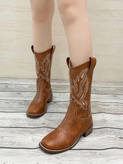 女式刺繡細節方頭粗跟靴，時尚西部靴，女式牛仔靴